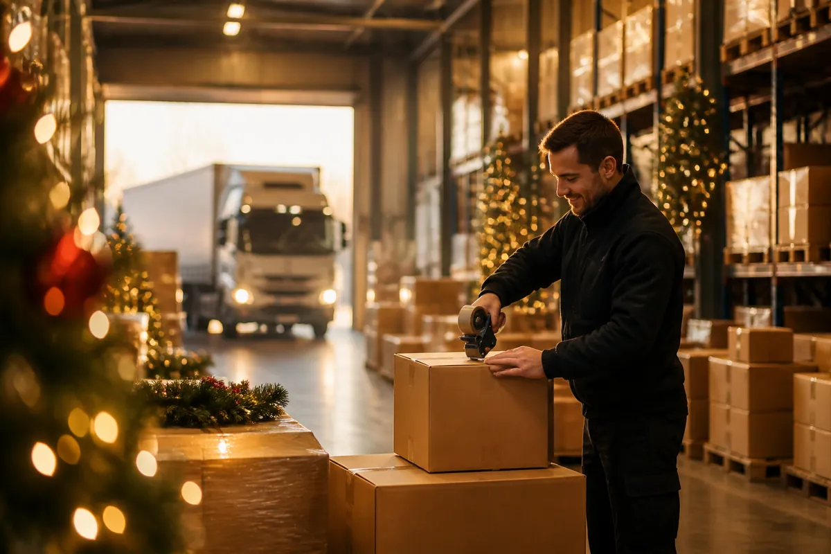 Een sfeervol verlichte transporttruck in een winterse omgeving met kerstdecoratie op de achtergrond.