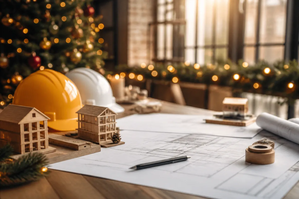 Een sfeervolle kerstsetting op een architectenbureau met houten bouwmaterialen en warme kerstverlichting.