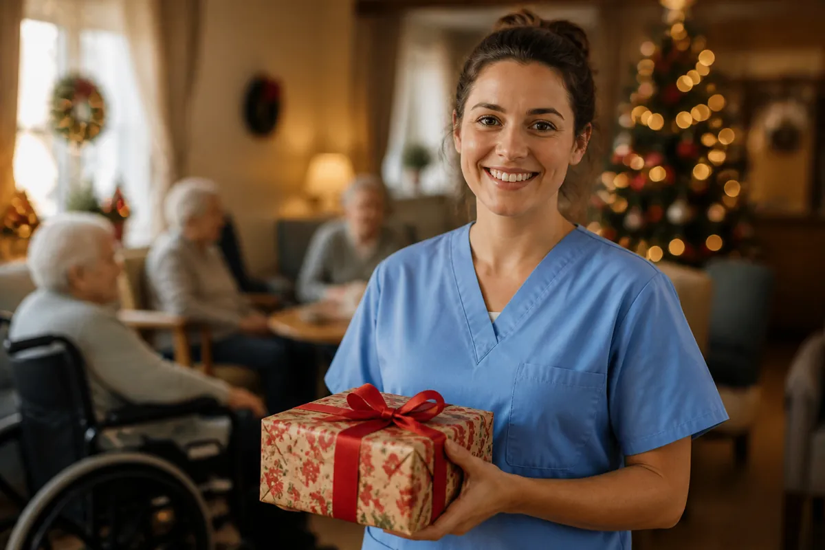 Zorgmedewerkers in een sfeervol versierd verzorgingshuis die lachend een kerstgeschenk ontvangen.