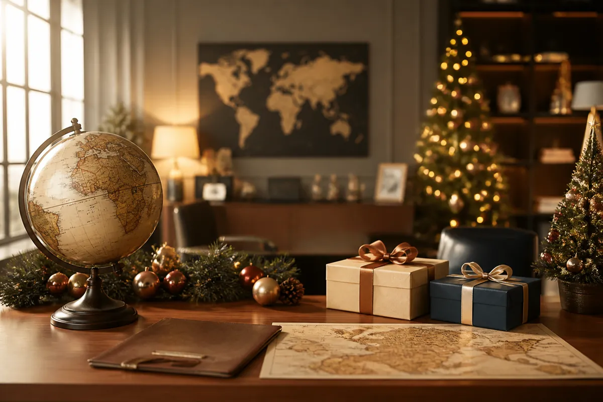 Een sfeervol gedekte tafel met een wereldkaart en luxe kerstcadeaus in een warme, winterse setting.