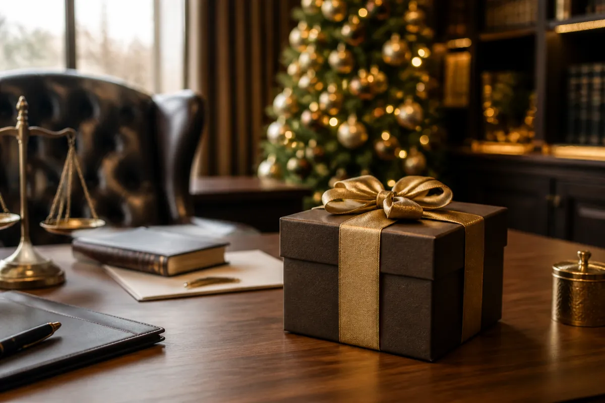 Een luxe kerstpakket op een modern houten bureau in een professioneel zakelijk kantoor met kerstverlichting.