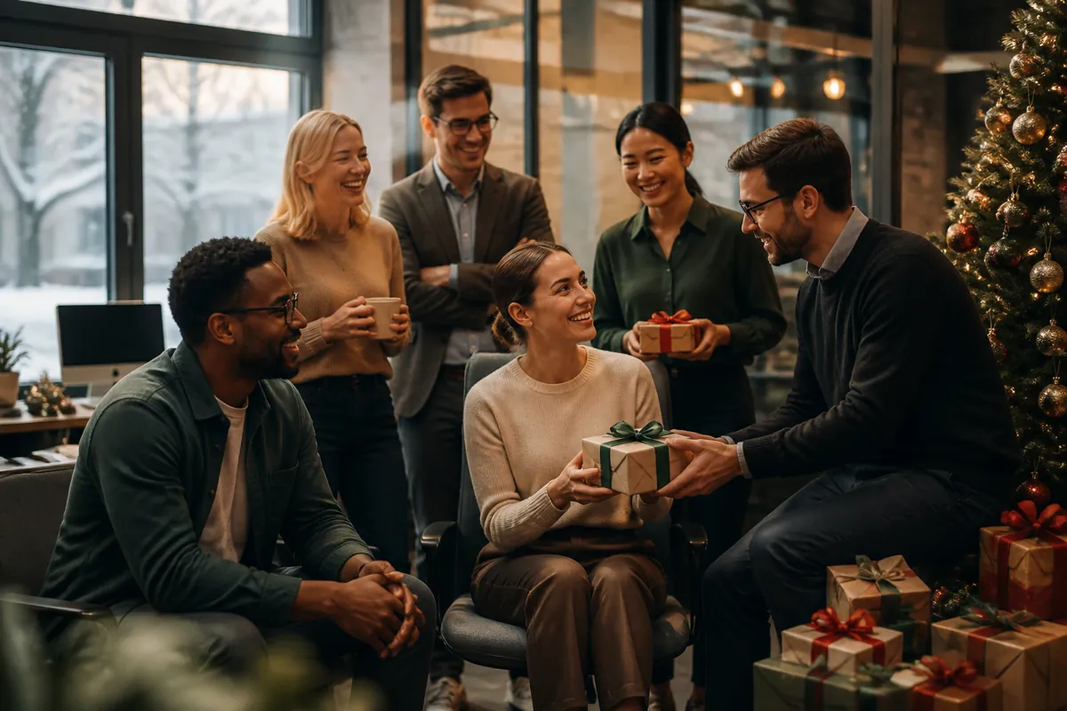 Een sfeervol gedekte kersttafel bij een modern uitzendbureau met een luxe kerstpakket en warme verlichting.