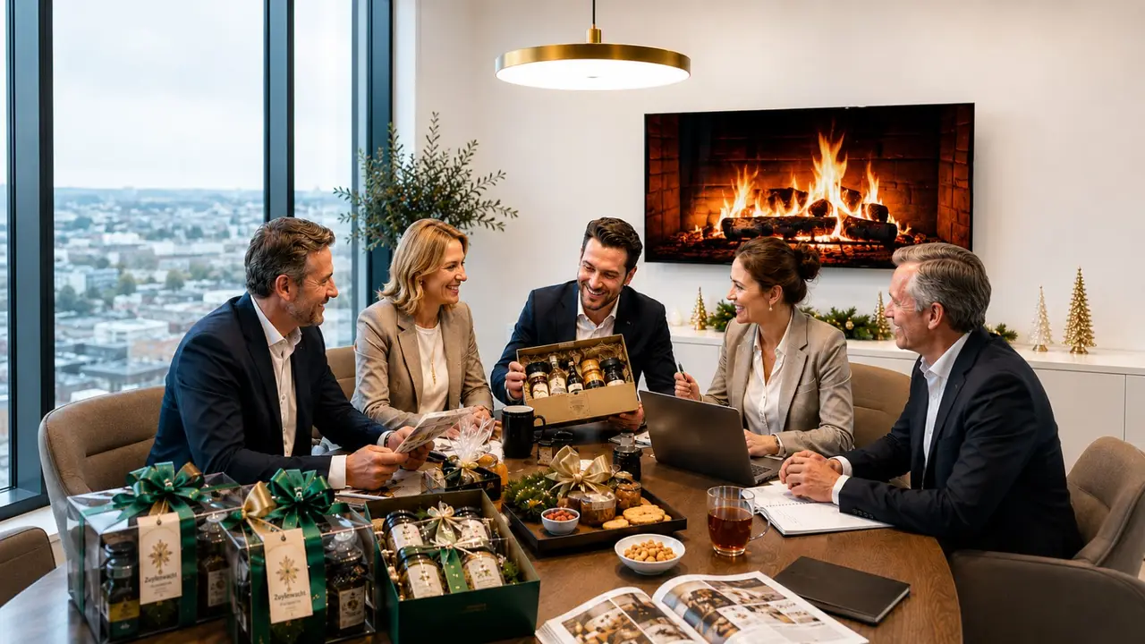 Kerstpakketten arrangement op een boardroomtafel tijdens een showroombezoek