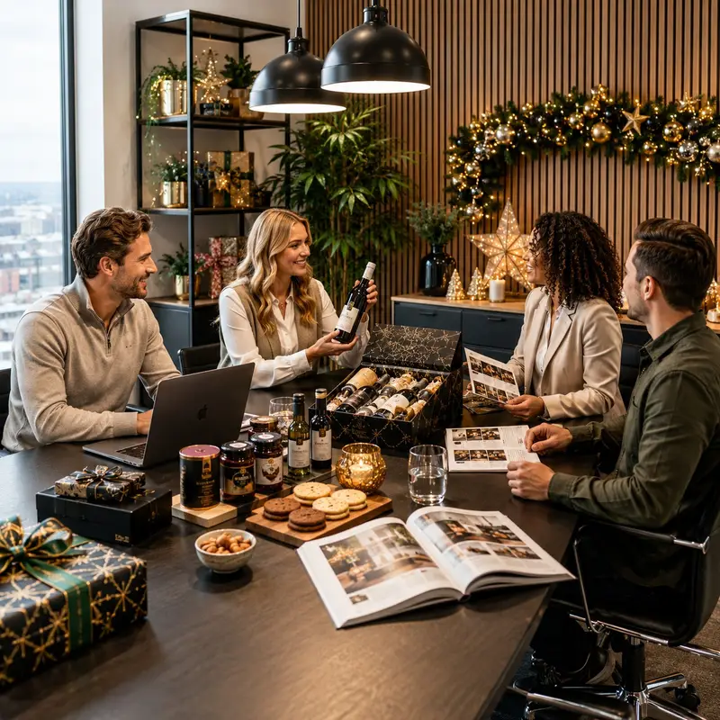 Adviseur presenteert kerstpakketten aan zakelijke klanten in vergaderzaal