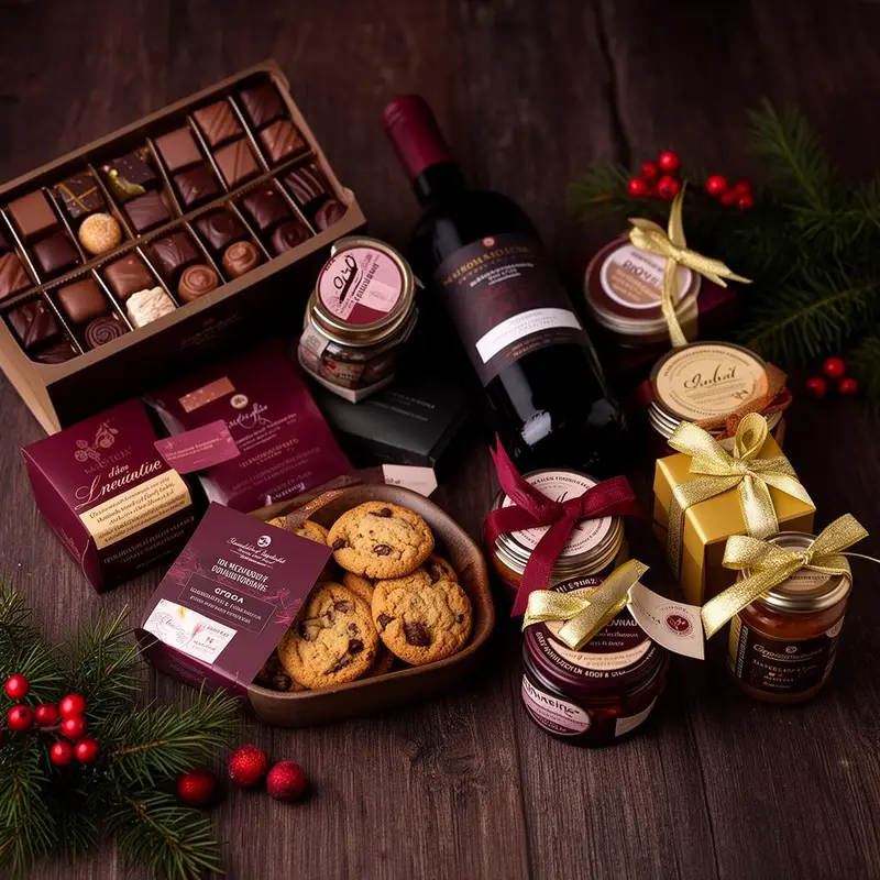 Premium samples voor kerstpakketten: wijn, chocolade, koekjes en delicatessen